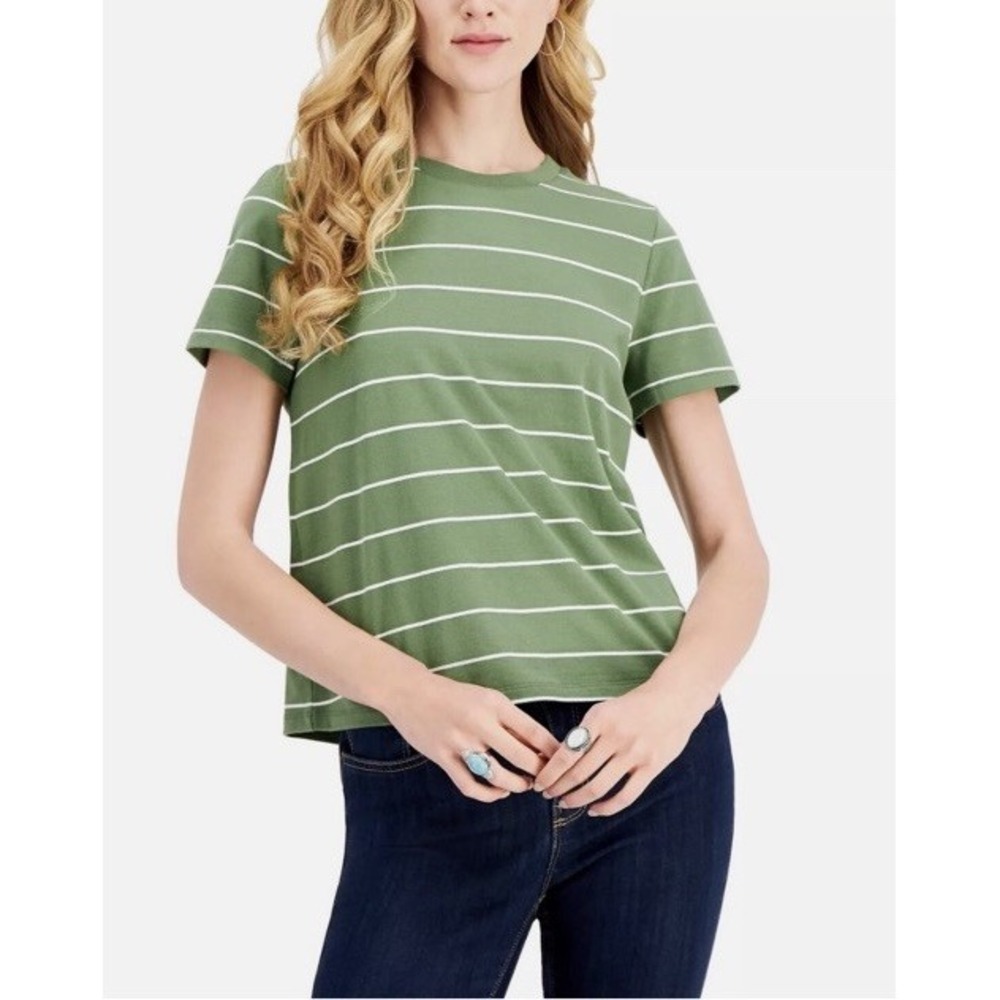 Style & Co Women's XL Feeder Green Striped Cotton T Shirt Top NWT